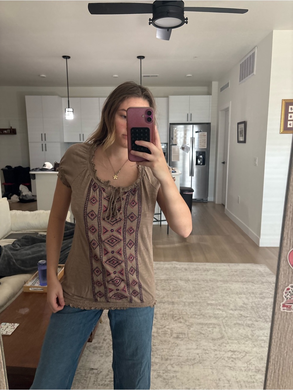 St. John's Bay Brown Embroidered Scoop-Neck Peasant Top